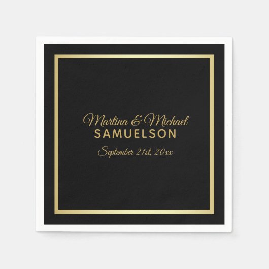 黒エレガントパーソナライズされた金ゴールドフレ結婚ーム スタンダードカクテルナプキン (正面)