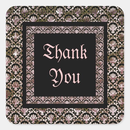 黒エレガントピンクのダマスクの結婚式 スクエアシール (正面)