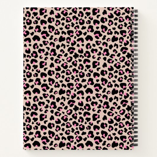 黒エレガントピンクのヒョウの皮膚パターンのモノグラム ノートブック (裏面)