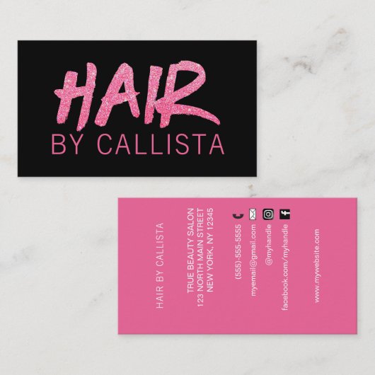 黒エレガントピンクグリッターヘア 名刺 (正面/裏面)
