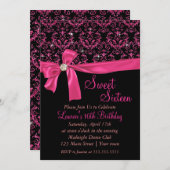 黒エレガントピンクダマスクSweet sixteenパーティー 招待状 (正面/裏面)