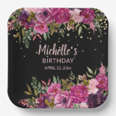黒エレガントピンクパープルフローラグリッター誕生日 ペーパープレート (正面)