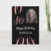 黒エレガントピンク水彩第80誕生日写真 カード (正面)