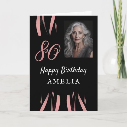 黒エレガントピンク水彩第80誕生日写真 カード (正面)