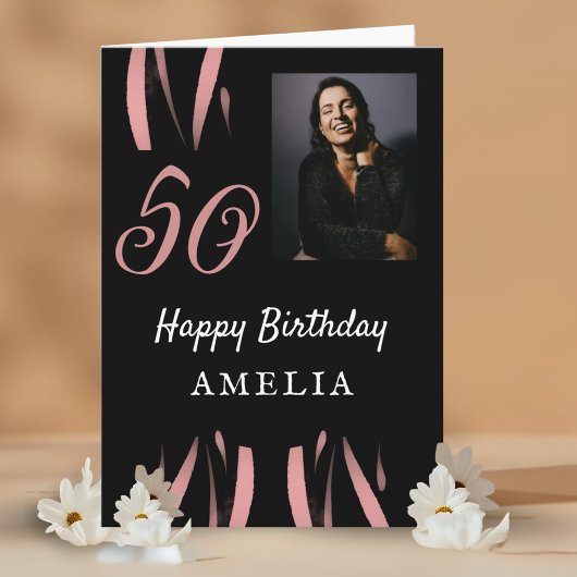 黒エレガントピンク水彩50誕生日写真 カード