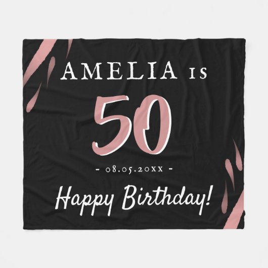 黒エレガントピンク水彩50誕生日 フリースブランケット (正面(横))