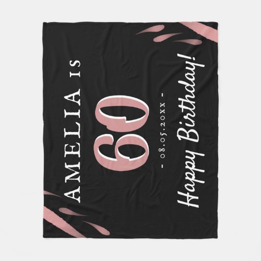 黒エレガントピンク水彩60誕生日 フリースブランケット (正面)