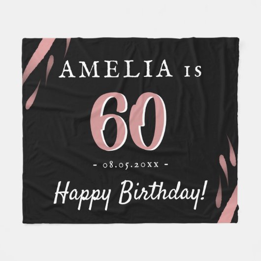 黒エレガントピンク水彩60誕生日 フリースブランケット (正面(横))