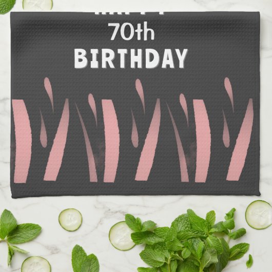 黒エレガントピンク水彩70ハッピーバースデー キッチンタオル (折り畳み)