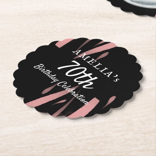 黒エレガントピンク水彩70ハッピーバースデー ペーパーコースター (アングル)