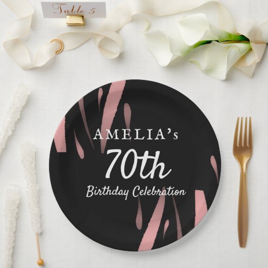 黒エレガントピンク水彩70ハッピーバースデー ペーパープレート (ウェディング)