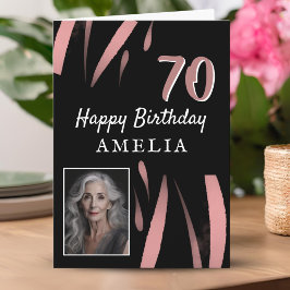黒エレガントピンク水彩70誕生日写真 カード