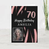 黒エレガントピンク水彩70誕生日写真 カード (正面)