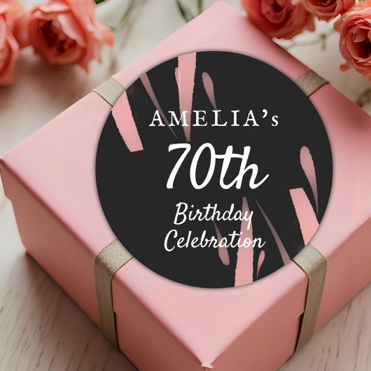 黒エレガントピンク水彩70誕生日 ラウンドシール