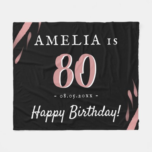 黒エレガントピンク水彩80誕生日 フリースブランケット (正面(横))