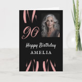 黒エレガントピンク水彩90誕生日写真 カード (正面)