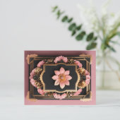 黒エレガントピンク3Dフラワーデザイングリーティングカード ポストカード (スタンド正面)