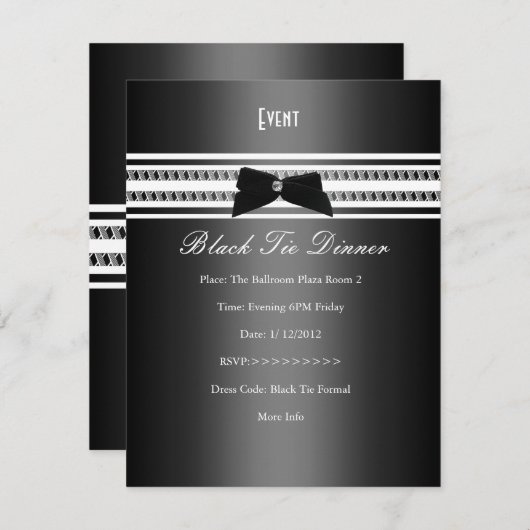 黒エレガントフォーマルタイ銀グレーディナー2 招待状 (正面/裏面)