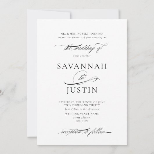 黒エレガントフォーマル白結婚の 招待状 (正面)