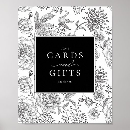 黒エレガントフローラウェディングカードギフトサイン ポスター (正面)