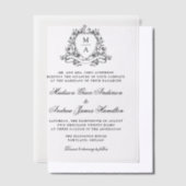 黒エレガントフローラクレストモノグラム結婚ズ ベラム紙招待状 (オフセット)