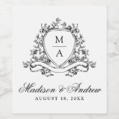 黒エレガントフローラクレストモノグラム結婚ズ ワインラベル (シングルラベル)