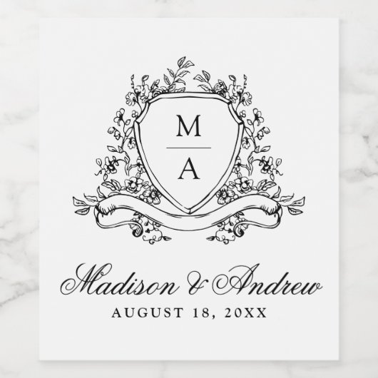 黒エレガントフローラクレストモノグラム結婚ズ ワインラベル (シングルラベル)