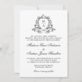 黒エレガントフローラクレストモノグラム結婚ズ 招待状 (正面)