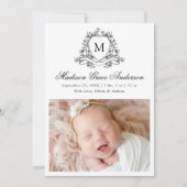 黒エレガントフローラクレストモノグラム4フォト誕生 案内状 (正面)