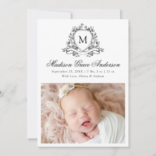 黒エレガントフローラクレストモノグラム4フォト誕生 案内状 (正面)