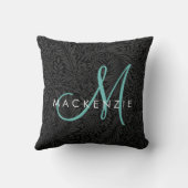 黒エレガントフローラティール（緑がかった色）スクリプトモノグラム クッション (裏面)