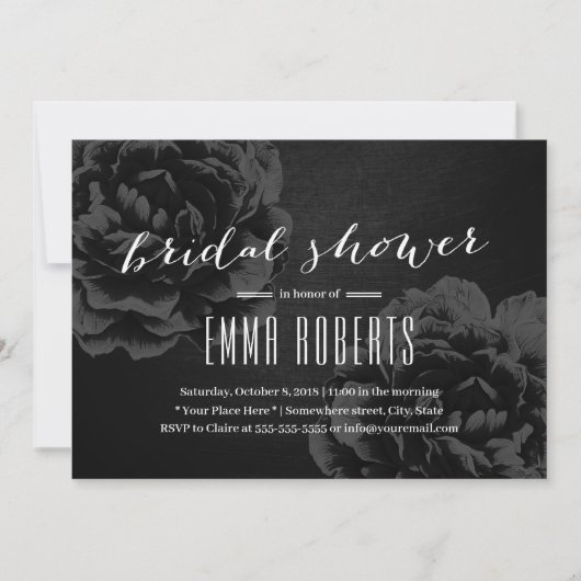 黒エレガントフローラブライダルシャワー 招待状 (正面)