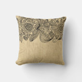 黒エレガントフローラレースベージュヴィンテージ背景 クッション (正面)