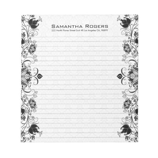 黒エレガントフローラレース及びホワイトダマスク ノートパッド (正面)