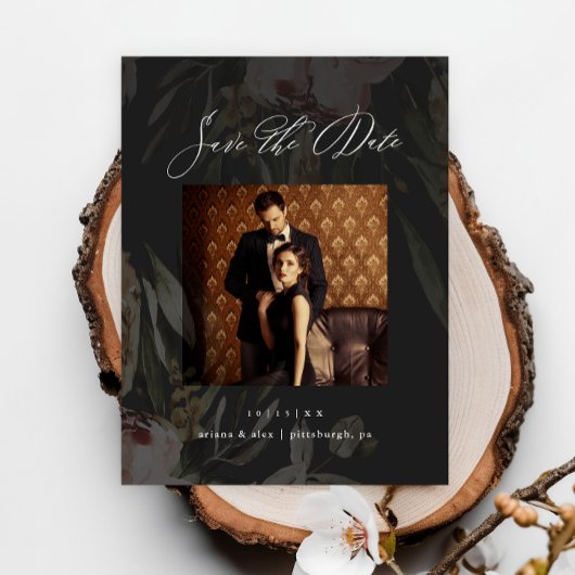 黒エレガントフローラ写真結婚式の日付を保存 ポストカード