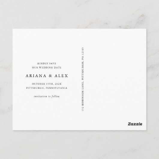 黒エレガントフローラ写真結婚式の日付を保存 ポストカード (裏面)