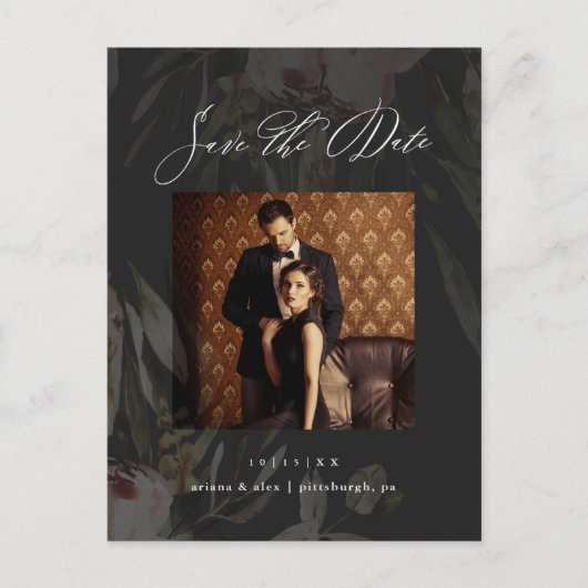 黒エレガントフローラ写真結婚式の日付を保存 ポストカード (正面)