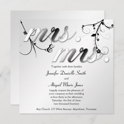 黒エレガントフローラ夫人ミセス・結婚式招待状 招待状 (正面/裏面)