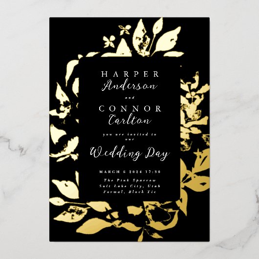 黒エレガントフローラ押し付け金ゴールド結婚 箔招待状 (正面)