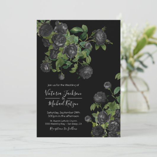 黒エレガントフローラ植物学結婚式招待状 招待状 (スタンド正面)