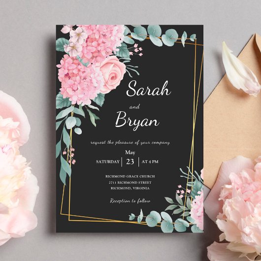黒エレガントフローラ水彩フレーム結婚Boho 招待状