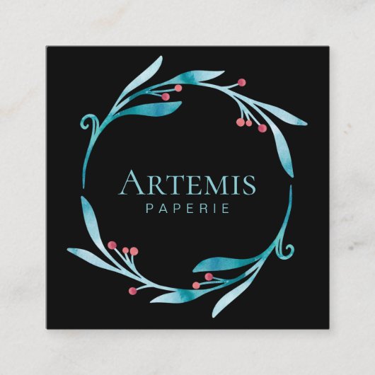 黒エレガントフローラ水彩植物紋 スクエア名刺 (正面)