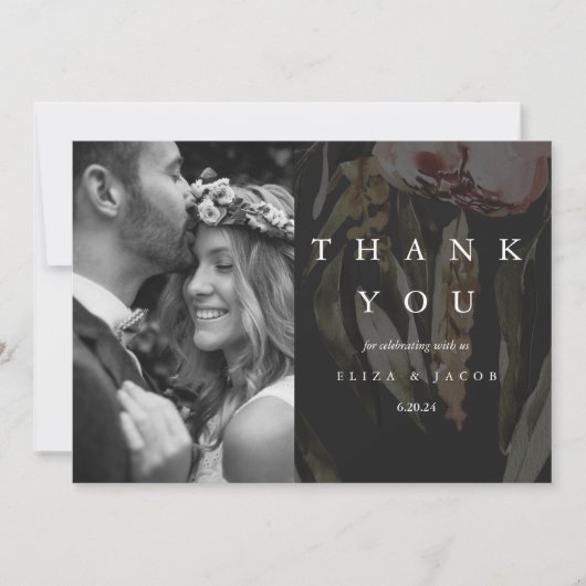 黒エレガントフローラ結婚の写真 サンキューカード (正面)