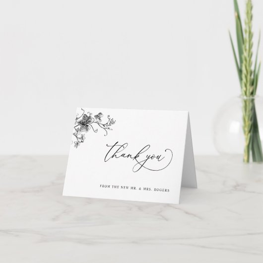 黒エレガントフローラ結婚の感謝のカードを折った サンキューカード (正面)