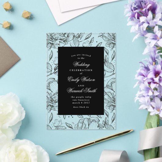 黒エレガントフローラ結婚アーチ アクリル招待状 (インサイチュ (ウェディング))