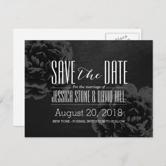 黒エレガントフローラ結婚式の日付を保存 案内ポストカード (正面/裏面)