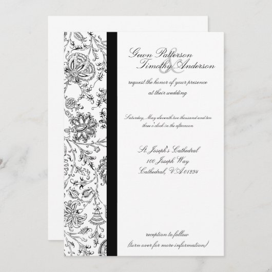 黒エレガントフローラ結婚式招待状 招待状 (正面/裏面)