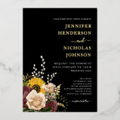 黒エレガントフローラ結婚金ゴールド 箔招待状 (正面)