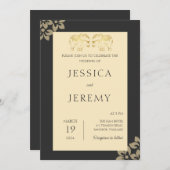 黒エレガントフローラ象タイ結婚ズ 招待状 (正面/裏面)