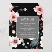 黒エレガントフローラ赤面、白開花結婚ズ 招待状 (正面/裏面)